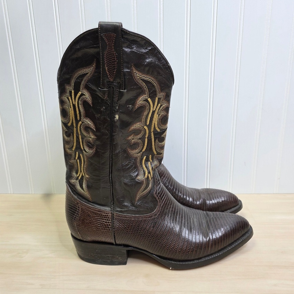 Pistolero Men Dark Brown Lizard Skin Leather Western Cowboy Boots Pointed Size 9